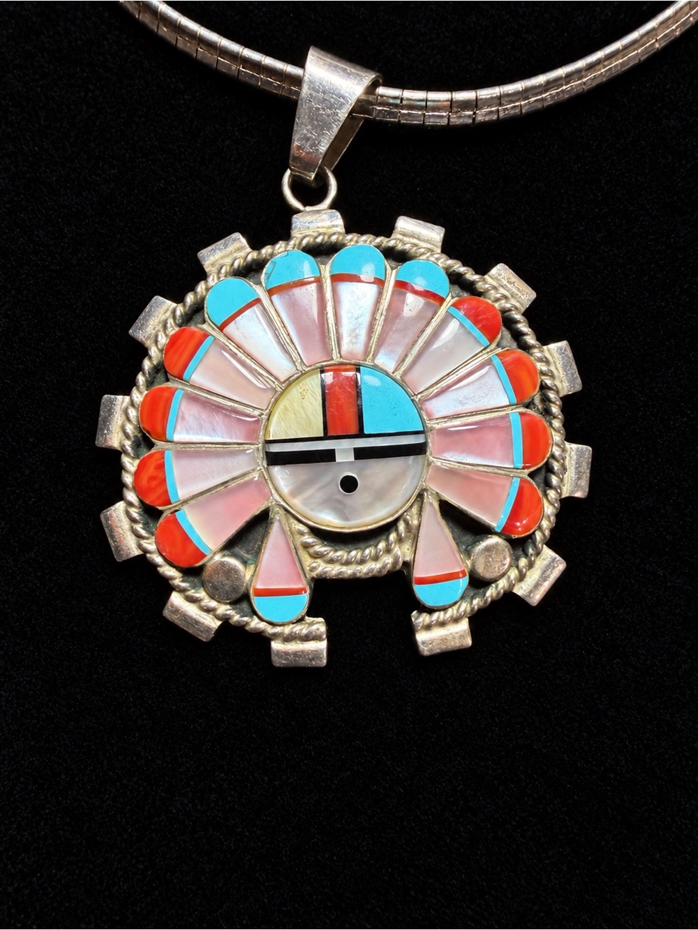 Vintage Zuni Sunface Inlay Sterling Silver Pendant Necklace P.W. Natewa 28.62g